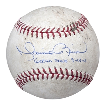 Mariano Rivera Signed & Inscribed Game Used OML Selig Baseball Used On 9/13/2011 - Riveras 600th Save Game (MLB Authenticated & JSA)